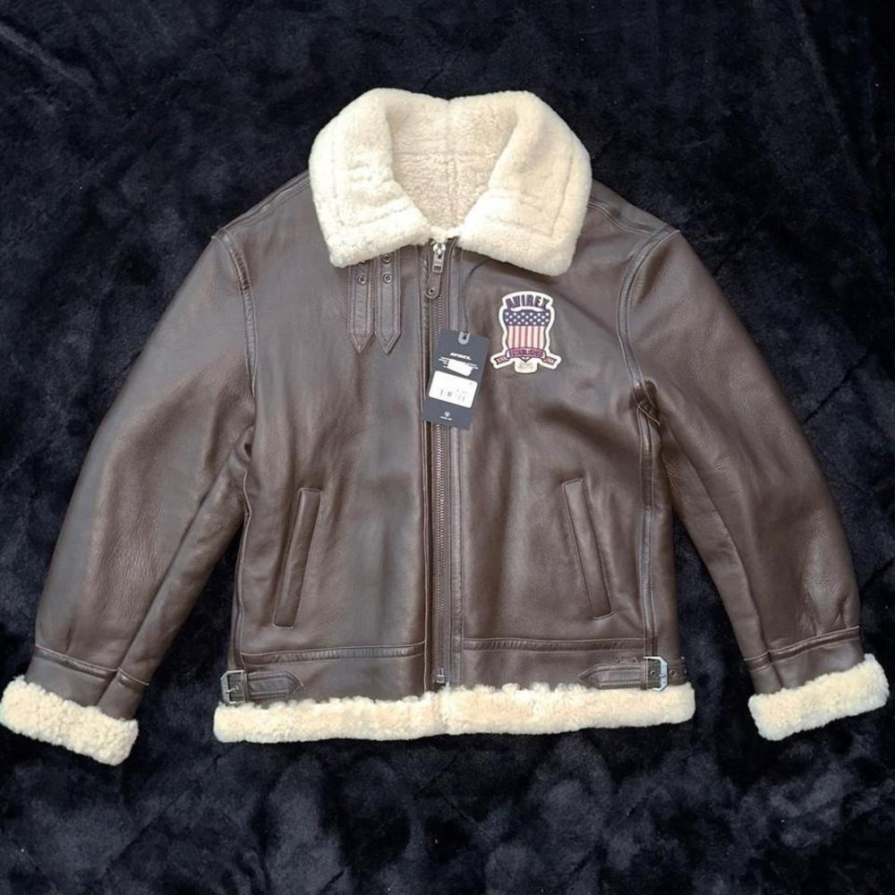 Avirex Icon Leather Shearling Coat Chocolate Brown Large Authentic Retail $1,998
